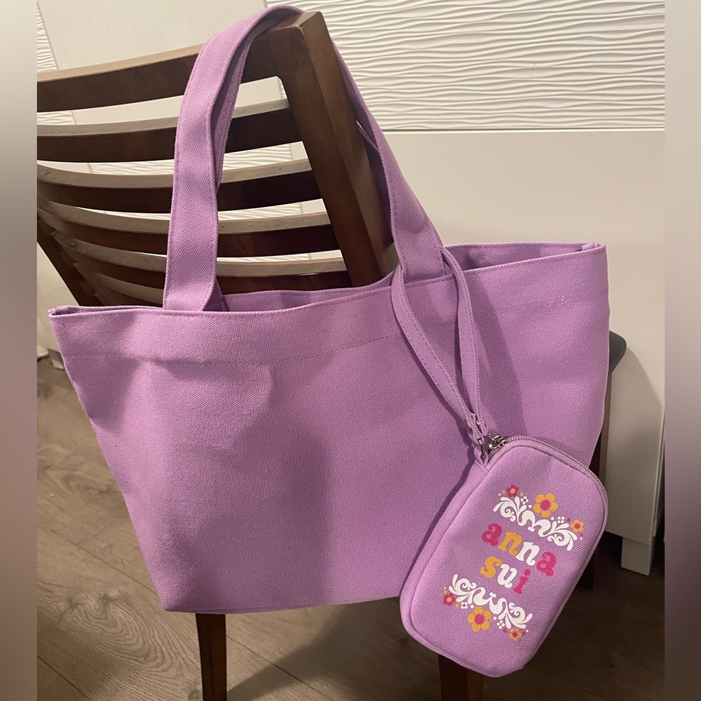 Brand New - Anna Sui Lavender Floral Canvas Tote with wristlet - Picture 7 of 9